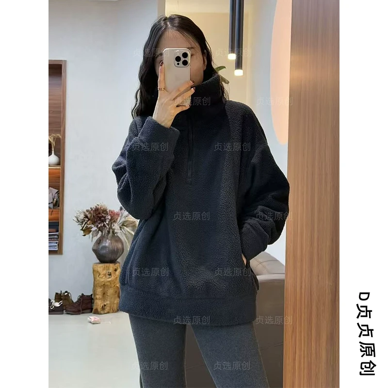 30107-立领半拉链摇粒绒卫衣女新款时尚百搭宽松慵懒风半套头上衣