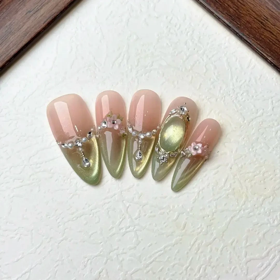 【落月花神】冰透绿，绿野仙踪精致花朵雕花，可拆卸美甲贴片