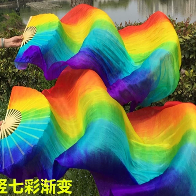 定做真丝扇子肚皮舞双扇加长舞蹈扇子横七彩彩色长绸扇子长扇渐变