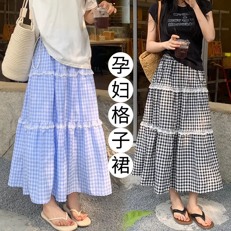 孕妇装女2025新款夏季泡泡格子裙高颜值显瘦蕾丝中长款半身裙夏装