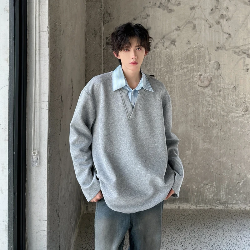 假两件衬衫领重磅卫衣男春秋冬加绒美式复古潮牌宽松长袖t恤外套