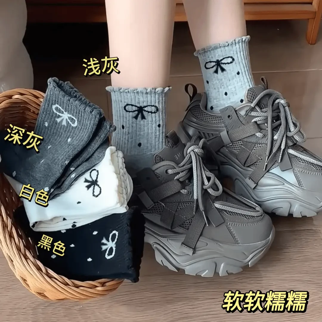 8双装 花边蝴蝶结女袜春季新款学生ins潮袜日系网红中筒袜子jcc