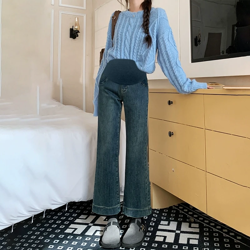 时尚孕妇早春弹力喇叭裤九分微喇复古蓝春秋牛仔裤阔腿裤