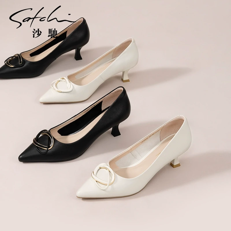 沙驰女鞋时尚尖头浅口单鞋秋季新款精致小猫跟高跟鞋职业鞋真皮