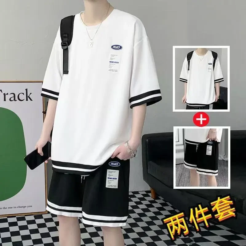 夏季套装男港风宽松运动加肥加大码男装短裤短袖一套搭配帅气衣服