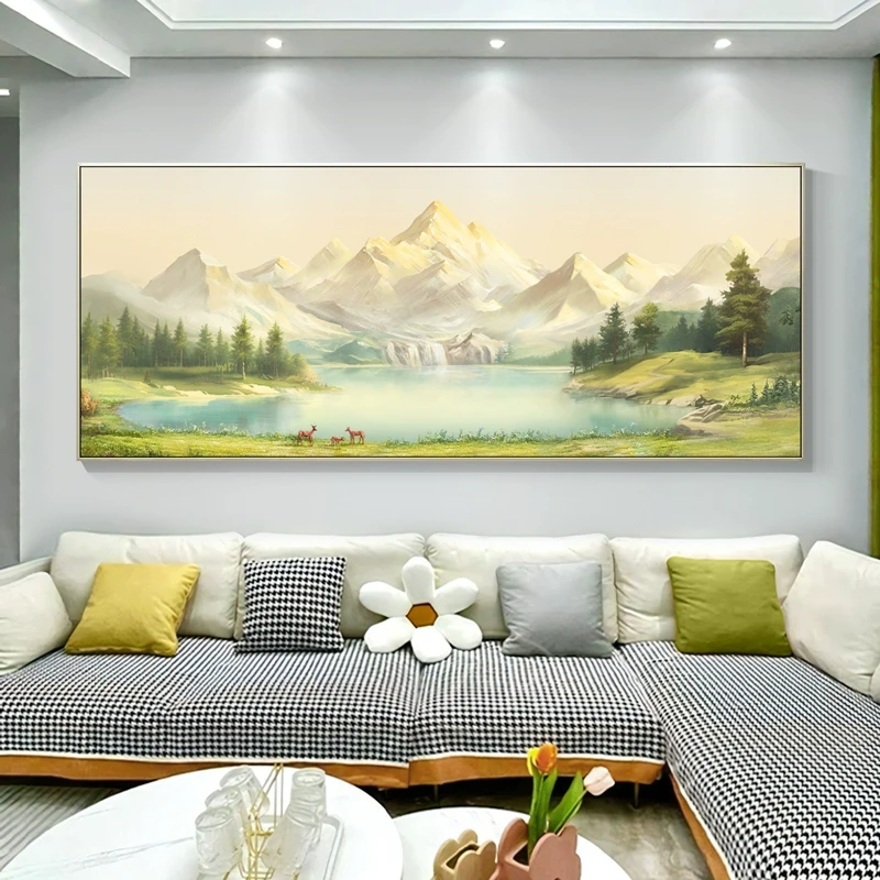 背有靠山客厅风景装饰画金山聚宝盆山水奶油风纯手绘油画东墙挂画