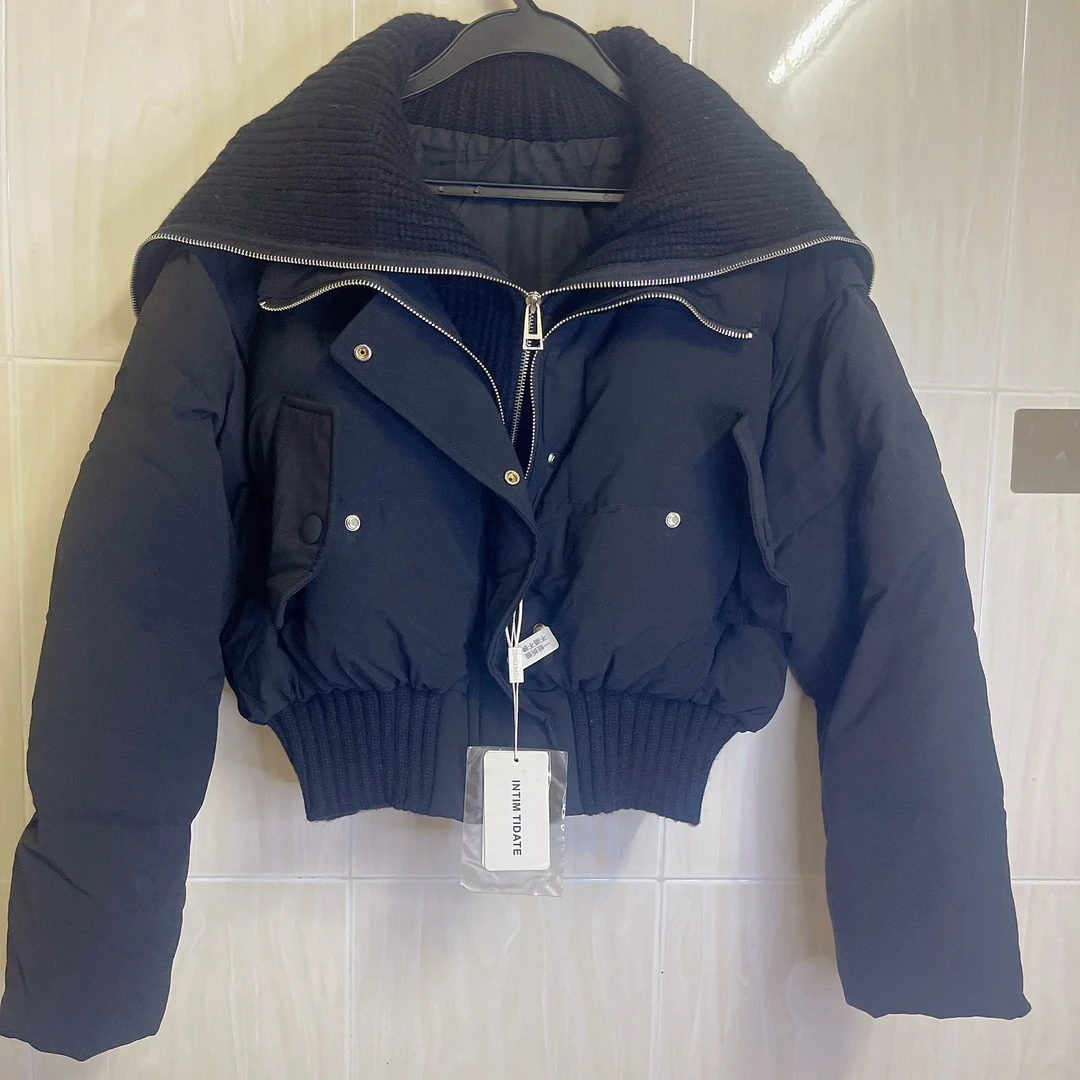 白色针织大翻领短款加厚白鸭绒拼接女冬季羽绒服