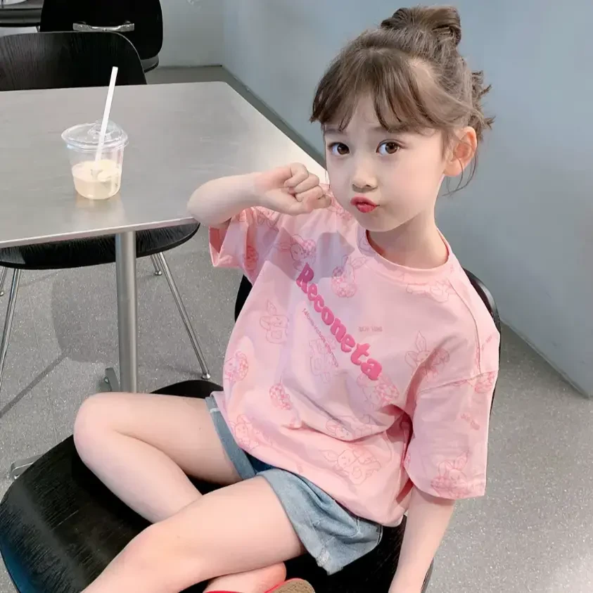 欧若风纯棉2025夏装女童T恤韩版休闲宽松上衣夏季短袖时尚洋气