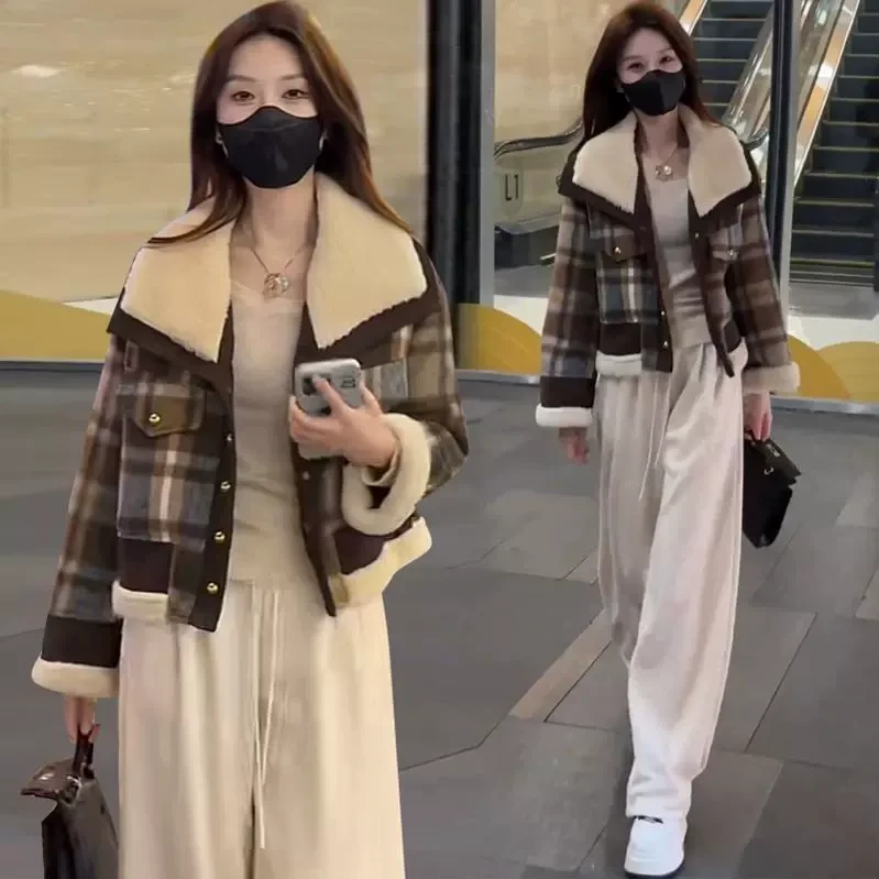 短款格子加棉小香风外套女2025秋冬新款时尚小个子洋气毛毛上衣