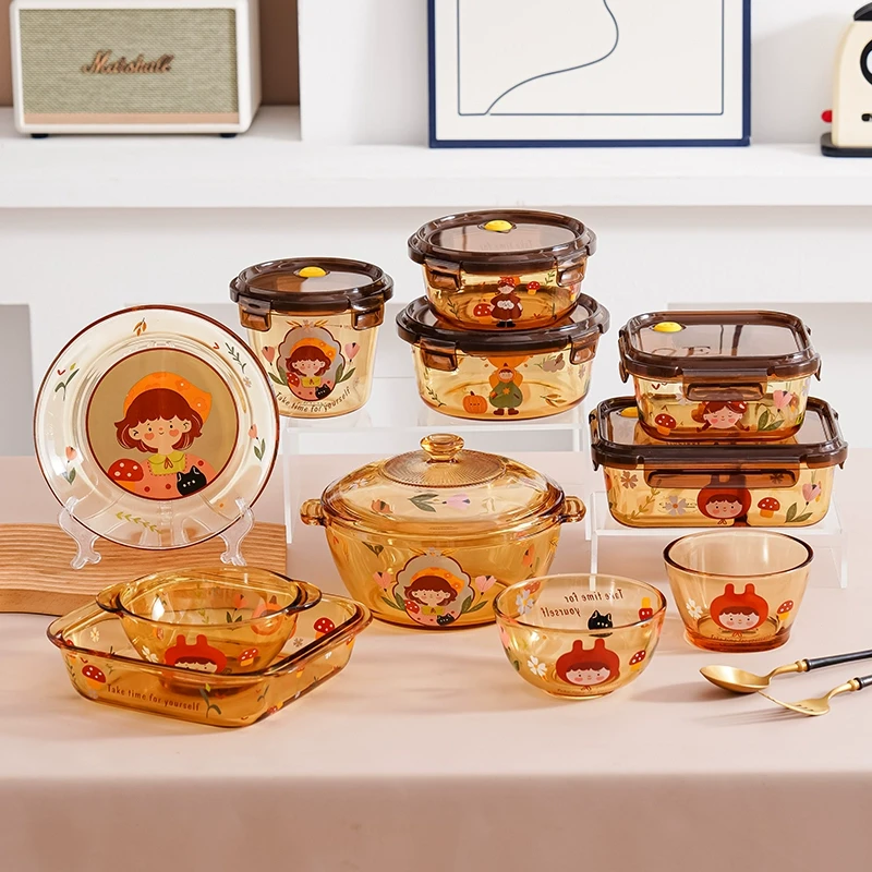 琥珀色高硼硅家用花梦女孩饭碗保鲜盒汤桶耐高温公办带饭玻璃餐具
