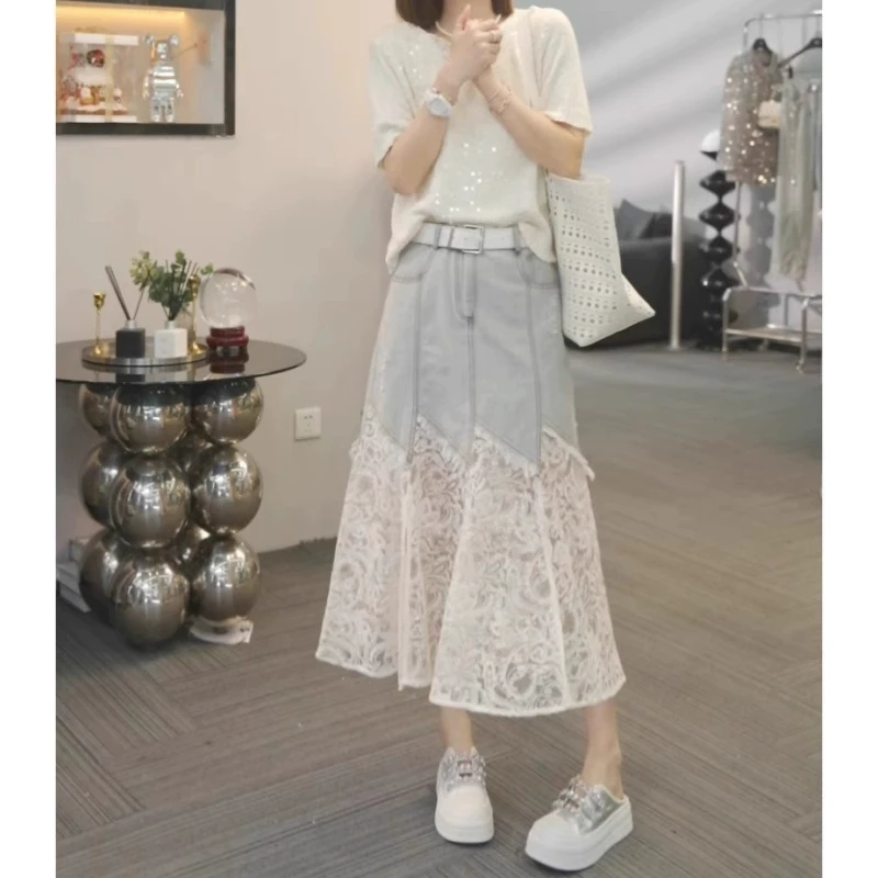 2025春夏季新款牛仔拼接人鱼半身裙女大码显瘦不规则a字蕾丝纱裙