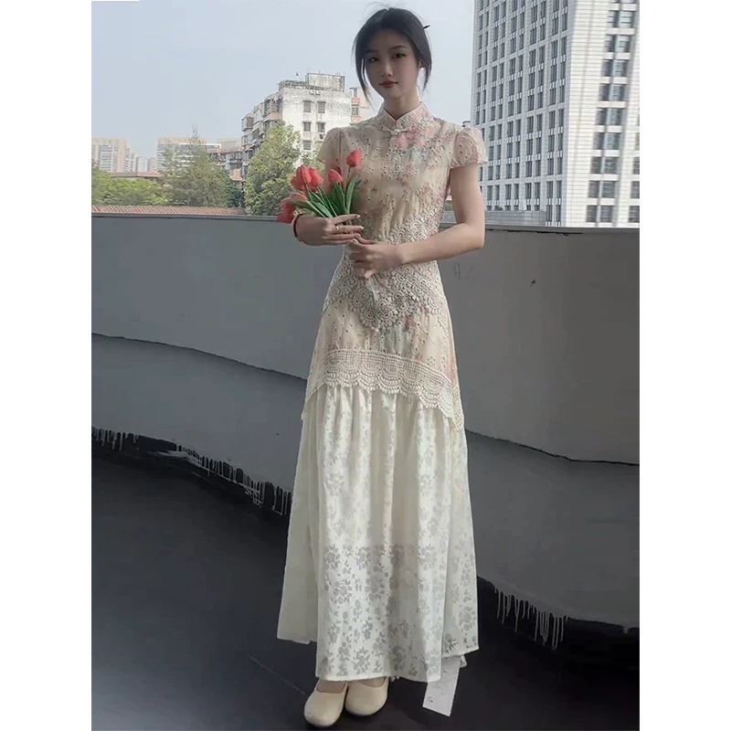 镂空蕾丝拼接碎花连衣裙女2025夏季新款假两件新中式改良旗袍长裙