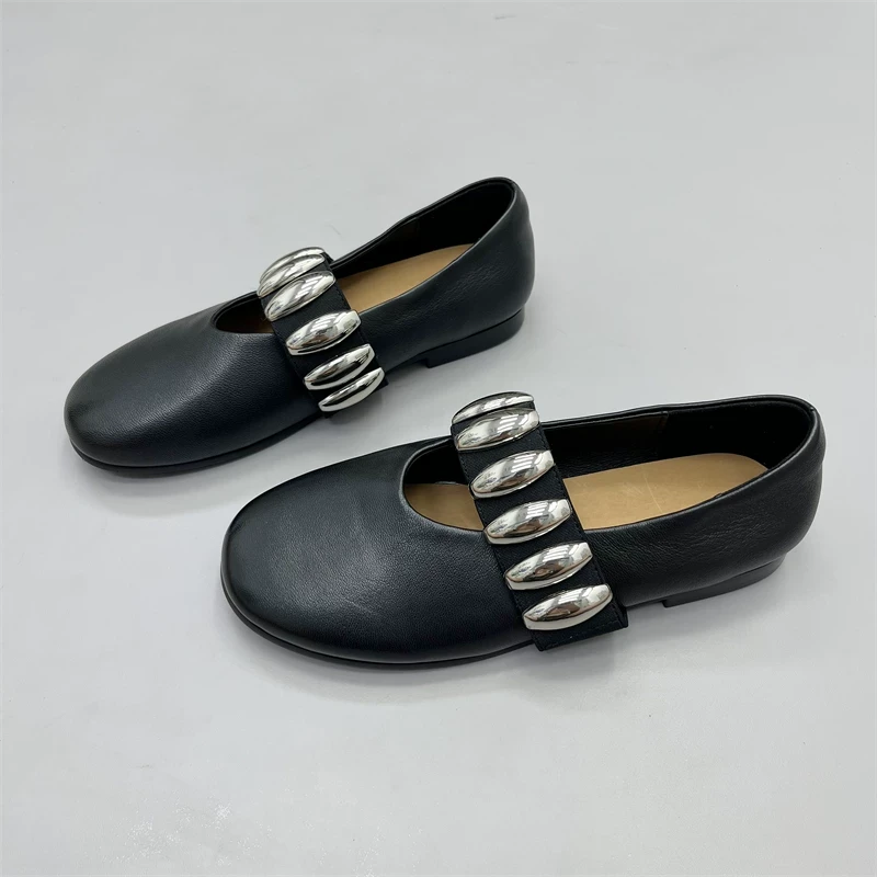 皮女单鞋春新款复古浅口金属松紧带芭蕾舞鞋子女款爆款2025新款