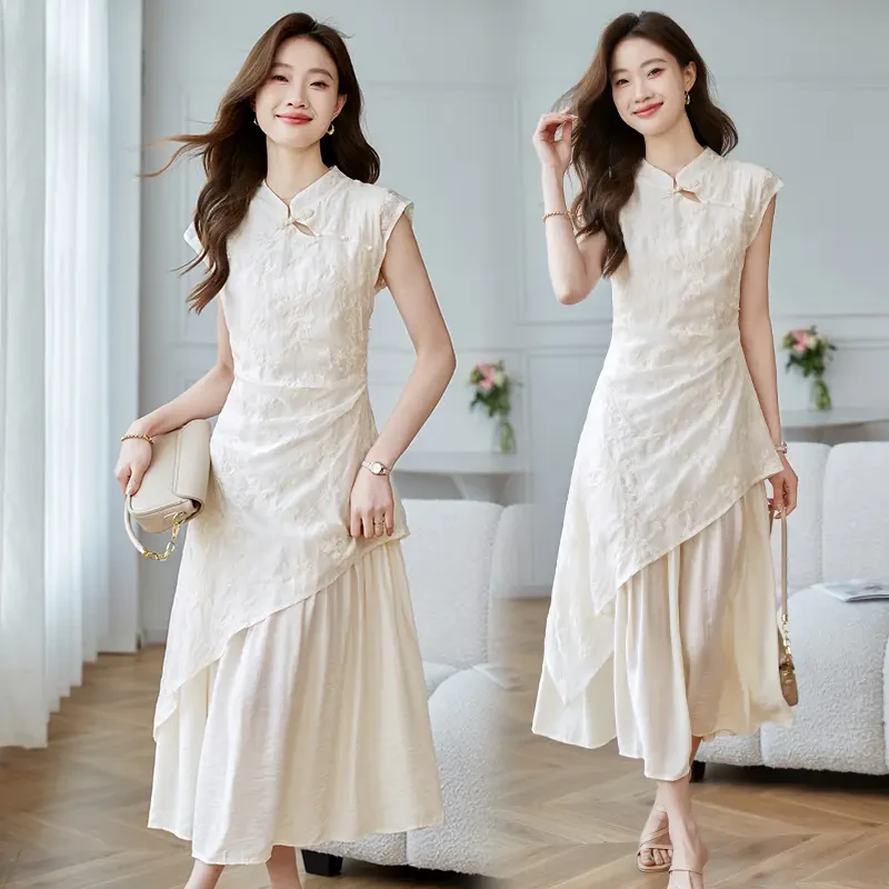 新中式提花网纱连衣裙女2025年夏季新款复古国风盘扣不规则旗袍裙