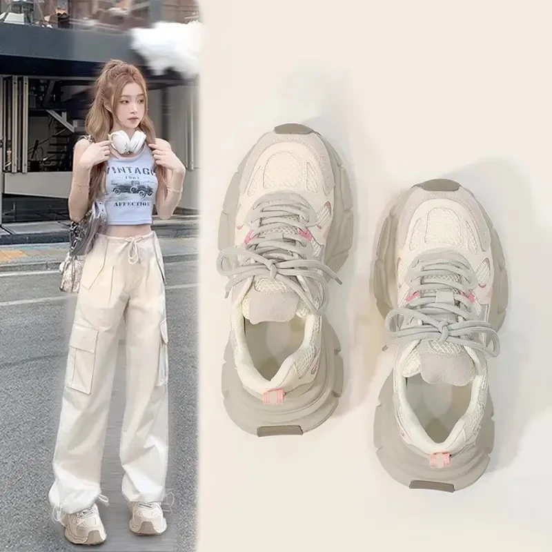 爆款老爹鞋女2025年春夏季款网面厚底增高时尚系带休闲百搭运动鞋