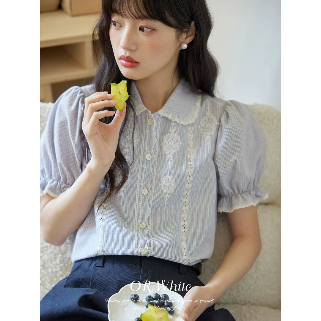 ORWhite 法式蓝白条纹衬衫女夏镂空花边刺绣设计显瘦通勤短袖