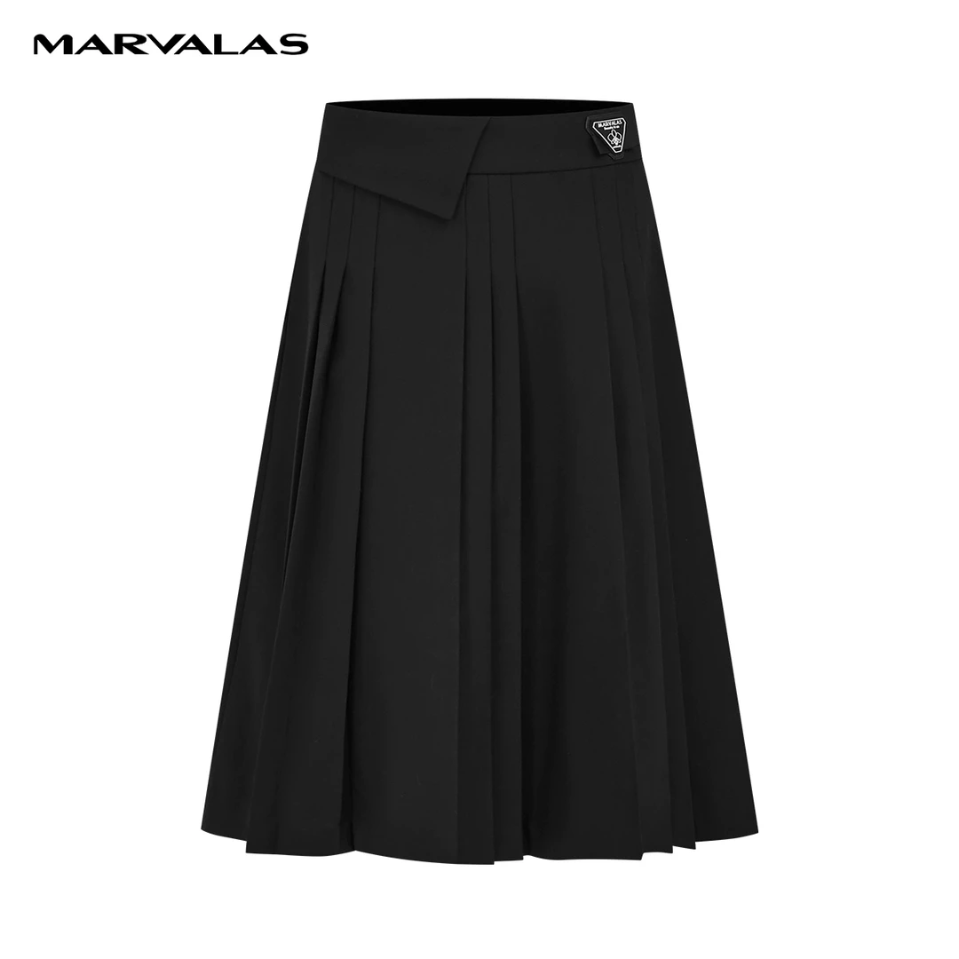 【曼德诗】高腰百褶裙春装新款设计感纯色气质半身裙M207307958