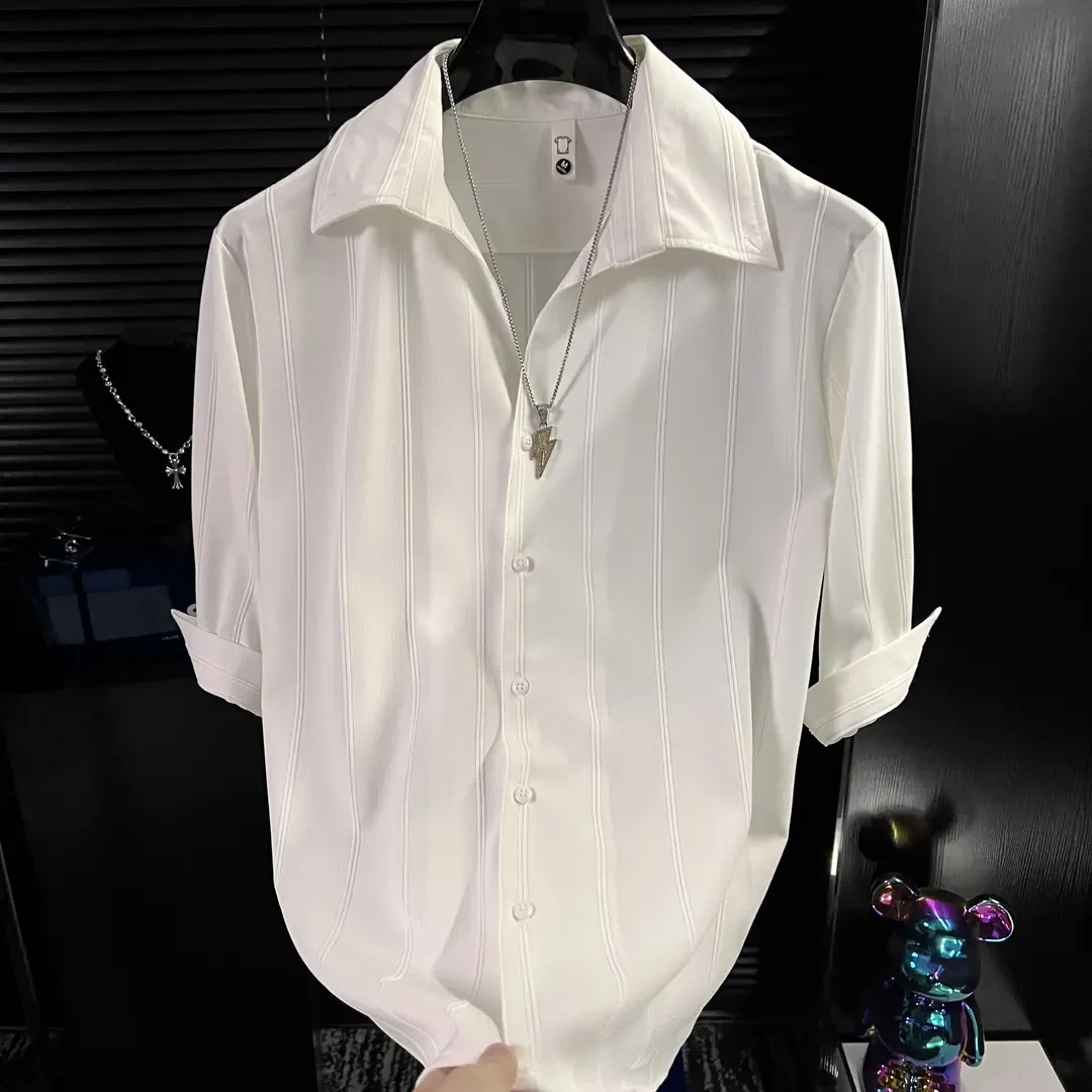 港澳冰感男士短袖衬衫条纹休闲百搭帅气简约宽松薄款衬衣夏季上衣