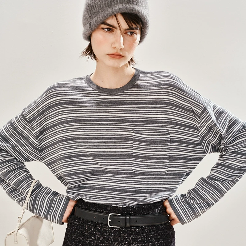 INYASAKO德国Biella扬子美丽诺羊毛亲肤撞色条纹针织衫