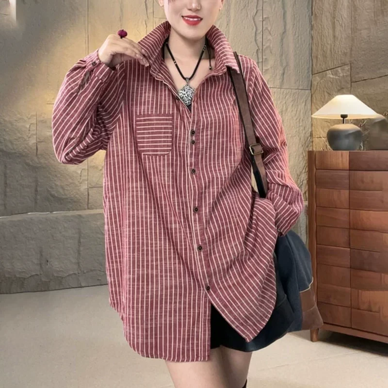 条纹衬衫女士秋季2025新款设计感中长款时尚显瘦洋气减龄打底上衣