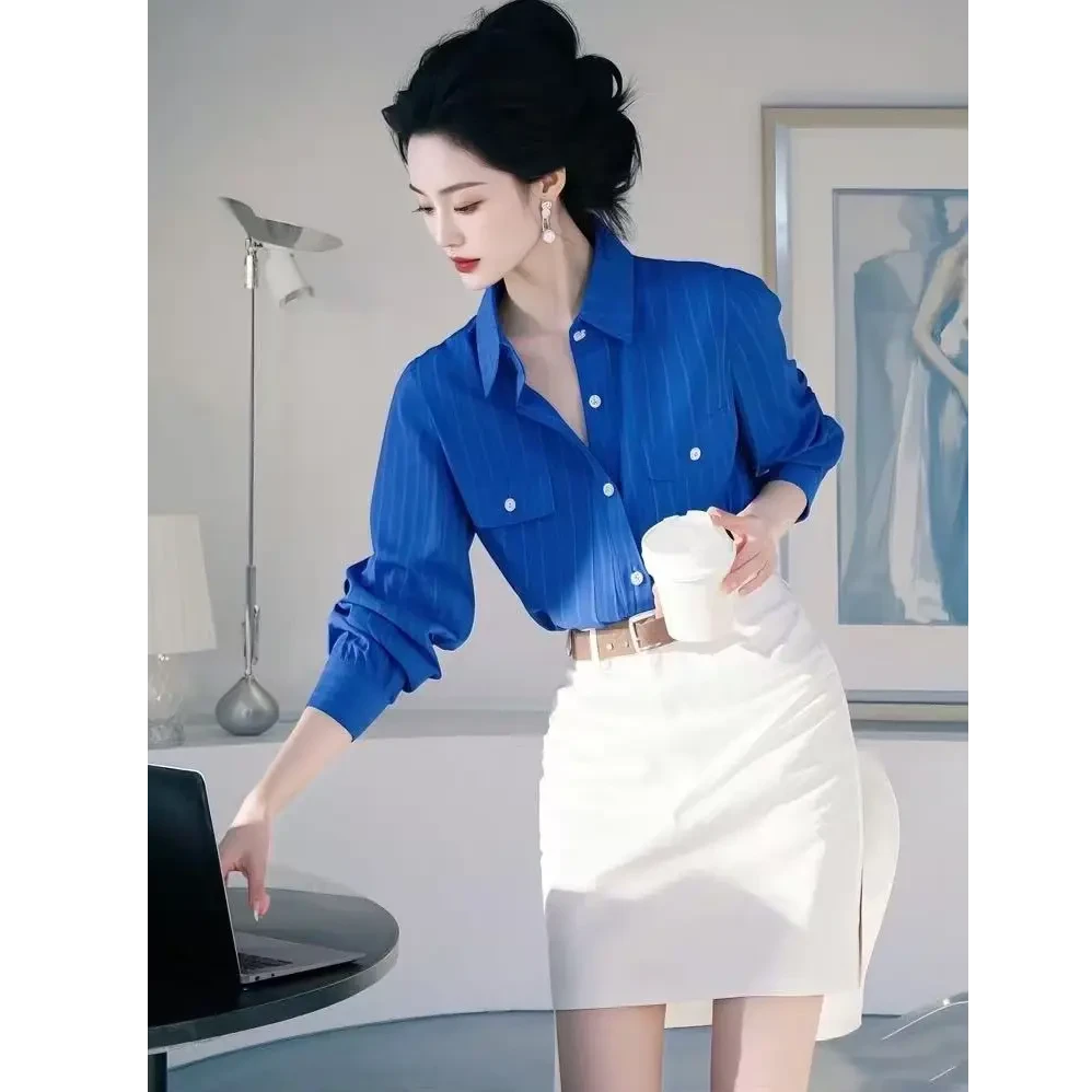 4375+4376克莱因蓝polo领长袖衬衫设计感独特别致超好看上衣套装