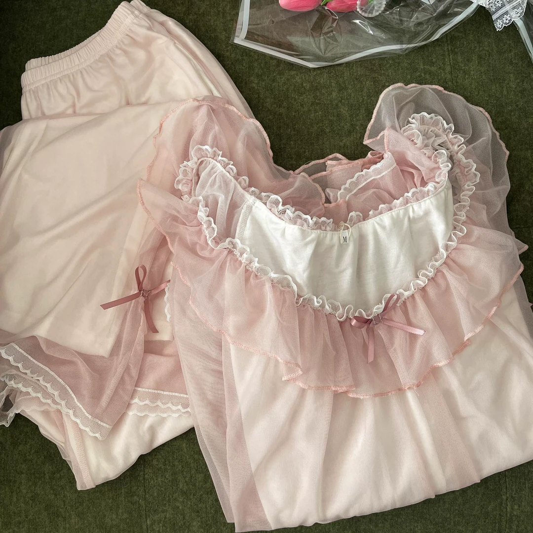 【公主甜美风】网纱少女睡衣女套装春夏季2025新款韩版蕾丝家居服
