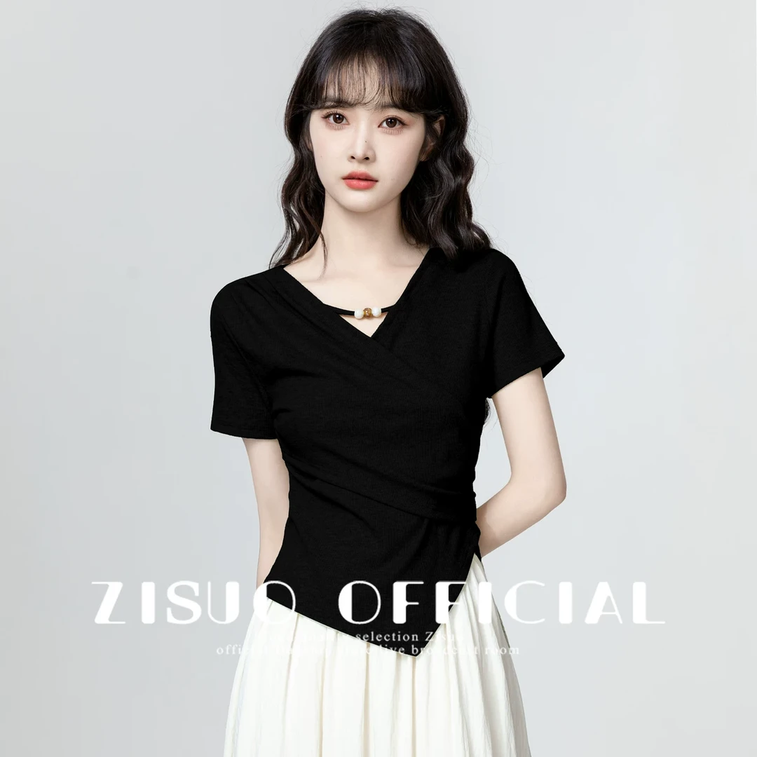 黑色不规则短袖小众2025夏季新款体恤恤女设计感领别致短款上衣