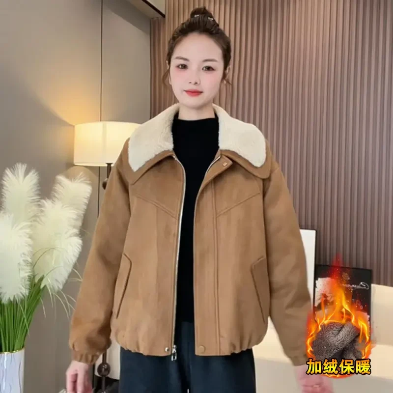 百搭保暖翻领夹克上衣女冬季新款洋气显瘦加绒加厚麂皮绒短外套潮