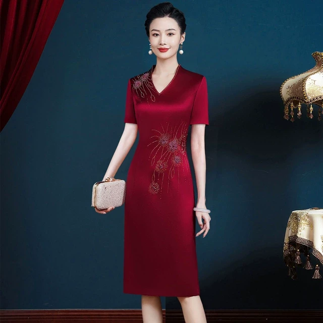 高端婚宴装醋酸缎面旗袍连衣裙时尚新款小个子喜婆婆婚礼妈妈礼服