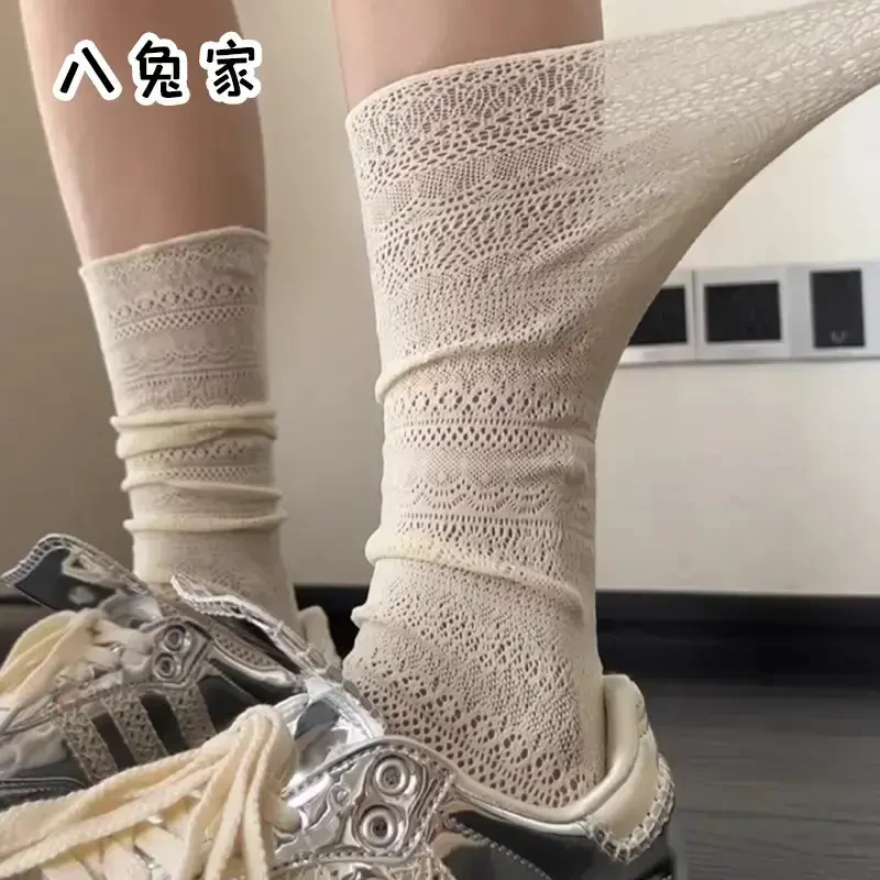 白色镂空网眼透气夏季薄款中筒袜女miu系少女jk堆堆女款小腿袜