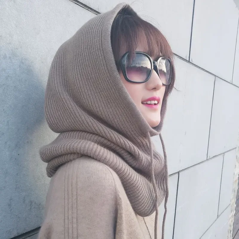 针织帽子围脖一体女秋冬季加厚针织韩版护耳脖套保暖连帽围巾