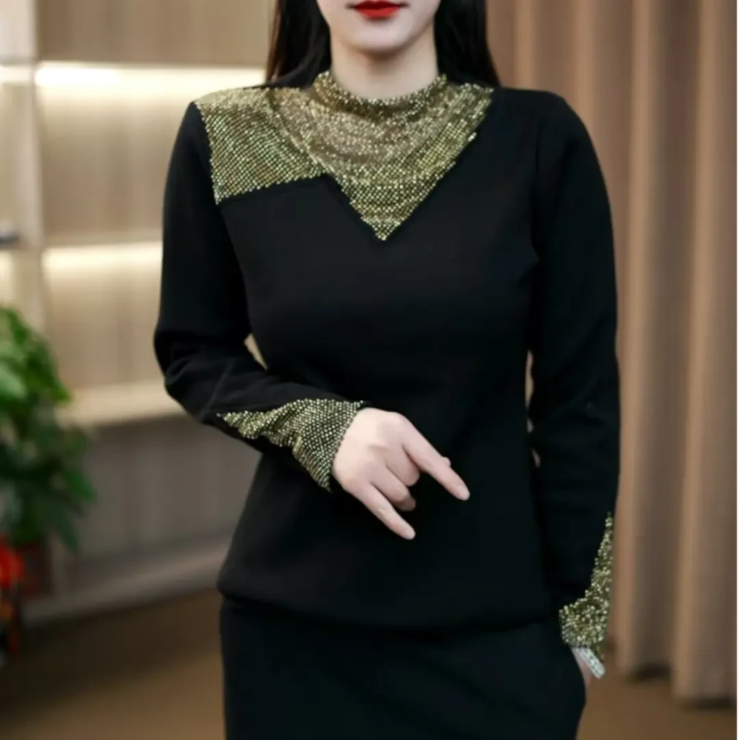 加绒冬款百搭镶钻纯色黑色洋气减龄T恤上衣内搭显瘦打底衫855