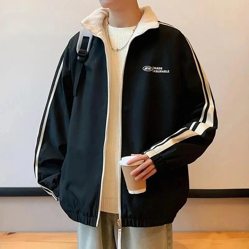 新款秋冬季双面穿加绒立领夹克男潮牌宽松情侣韩版休闲男装外套