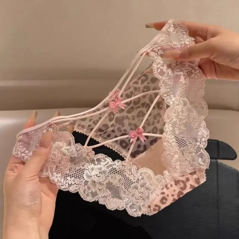 温香奶豹!纯欲性感粉豹纹网纱蕾丝内裤女款后镂空蝴蝶结三角短裤