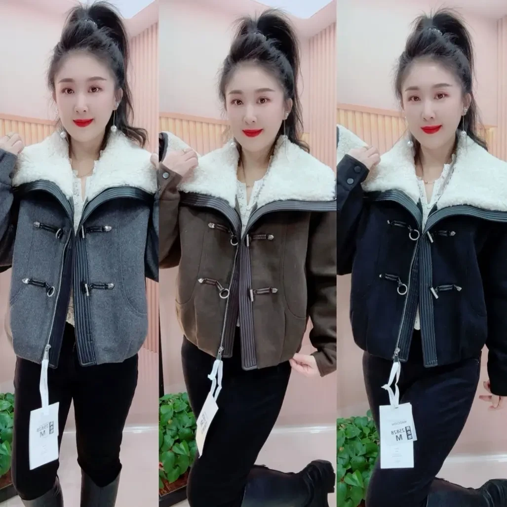 25828新款时尚休闲大翻毛呢加棉领短款冬季保暖女外套