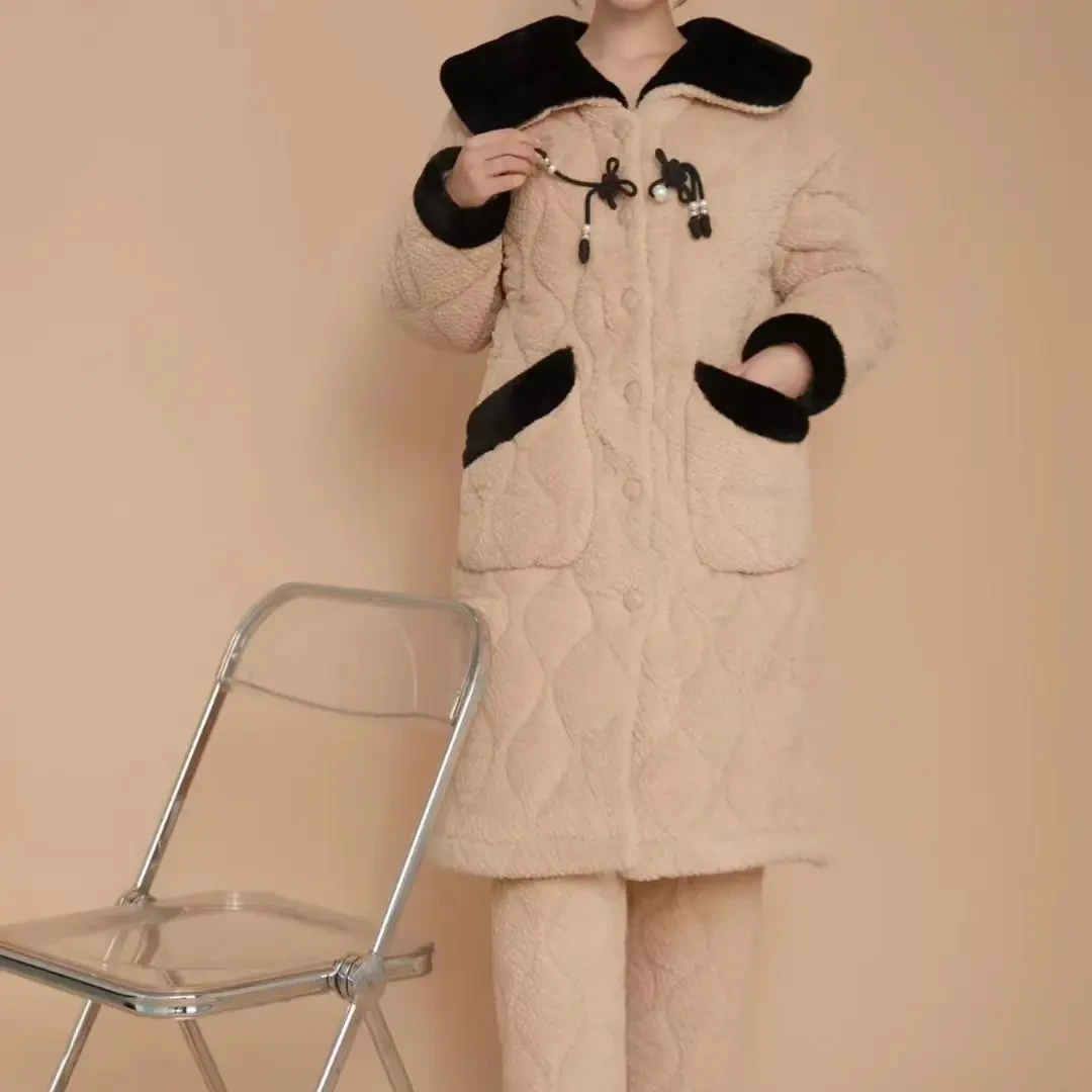冬季三层夹棉加厚加绒女士珊瑚绒家居服套装