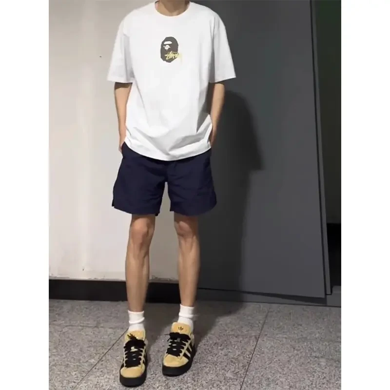 藏青色尼龙速干短裤男夏季薄款冰丝沙滩裤美式篮球运动休闲四分裤