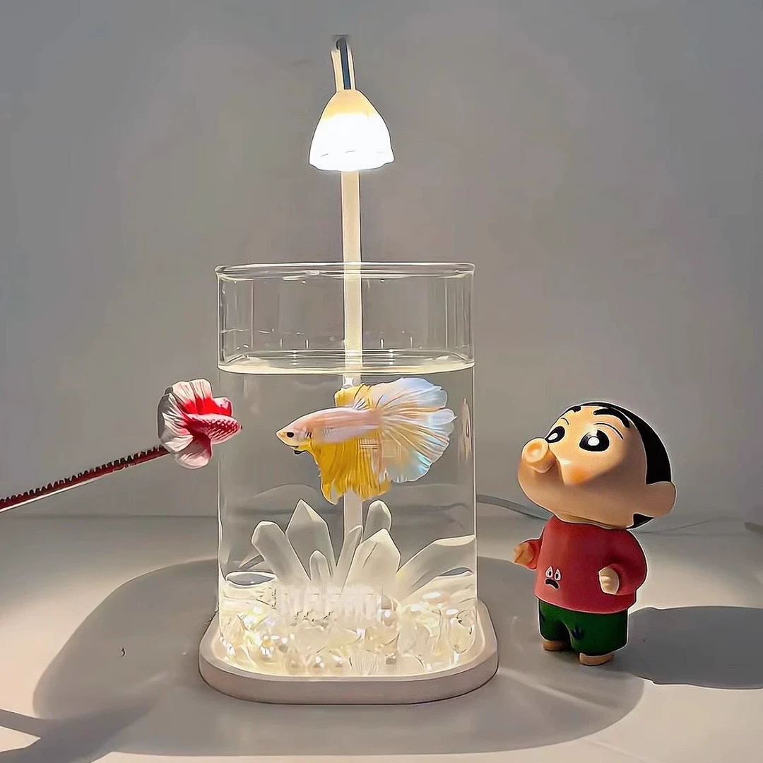 漫步云端超白斗鱼鱼缸小型观赏夜灯懒人玻璃缸客厅桌面装饰造景摆