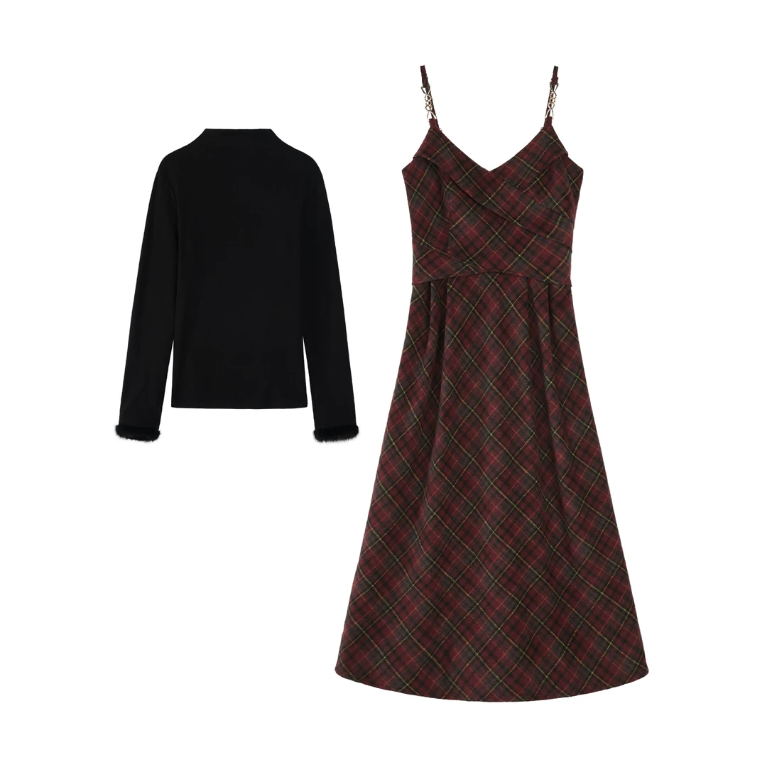 鹿向南「聆听维也纳」格纹连衣裙打底衫两件套2024冬新款QYM002433