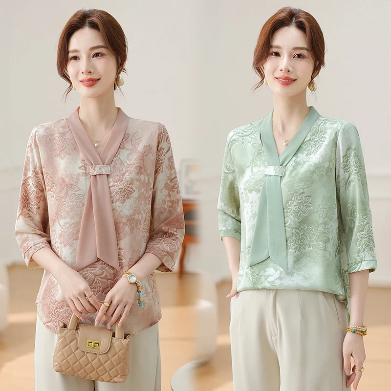 母亲节妈妈夏装减龄小衫2025新款洋气T恤中老年女夏季七分袖上衣