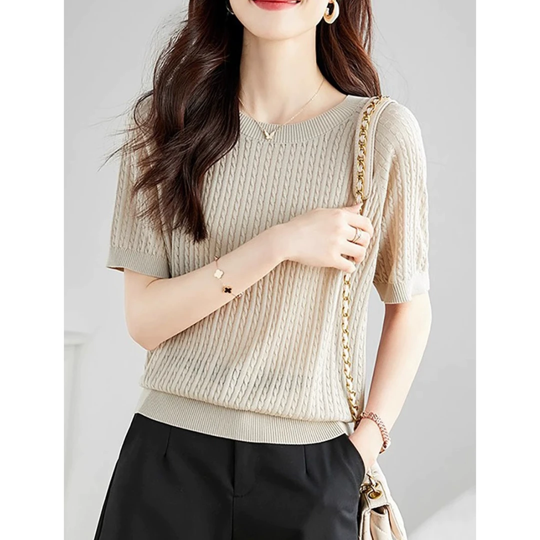 法式圆领绞花纹理短袖t恤针织衫女夏新款宽松显瘦薄款冰丝上衣