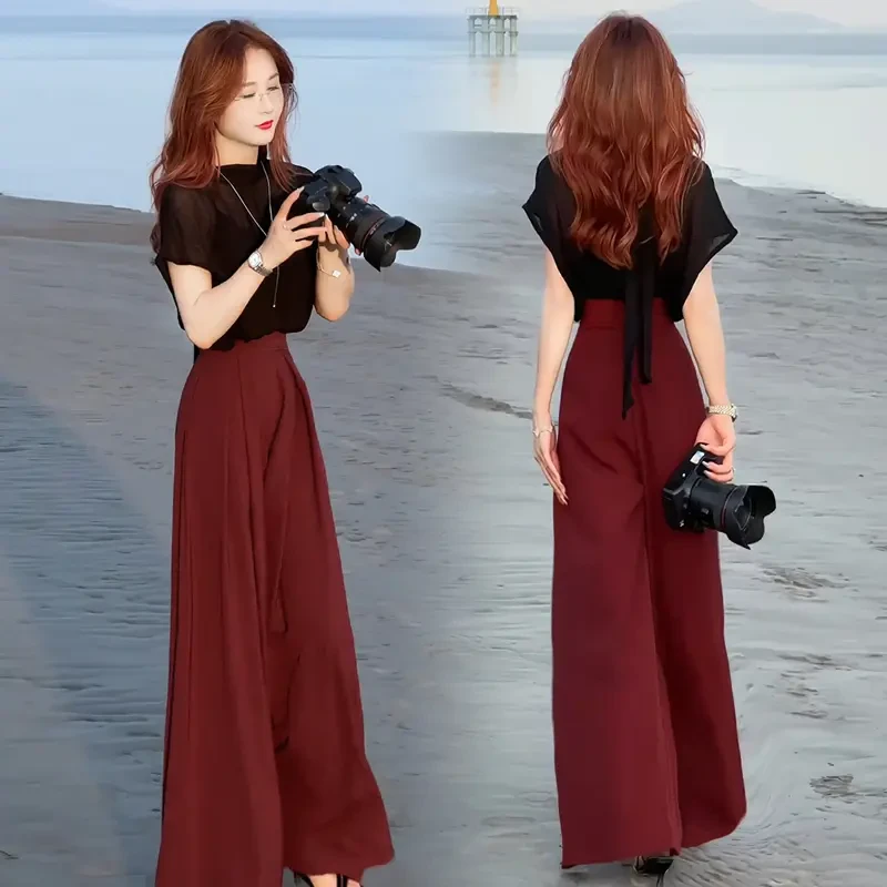 时尚套装女2025夏季新款洋气显瘦雪纺衫高腰阔腿裤气质漂亮两件套