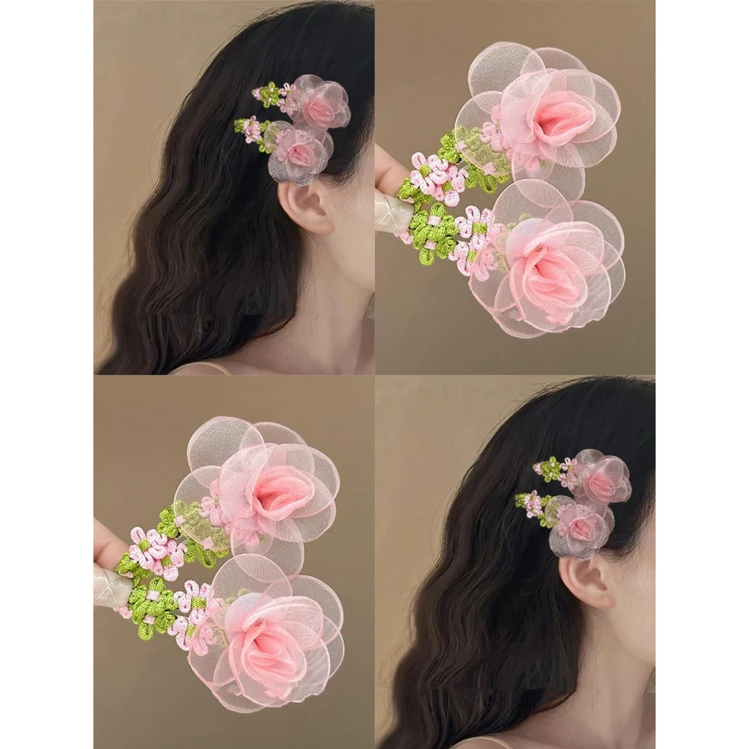 新款仿真玫瑰花边夹短发头饰少女春夏网纱花朵发夹非属材质日系