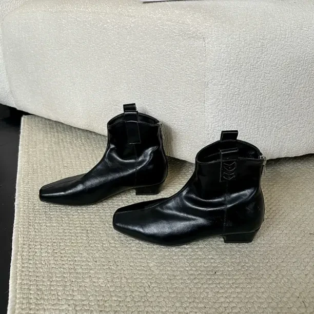 新款皮面复古后拉链瘦瘦靴女2025秋冬方头百搭低跟短靴加绒款