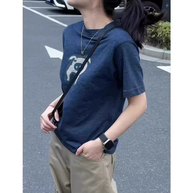 欧货2025夏季新款藏蓝色短袖圆领小个子印花上衣设计感休闲宽松潮