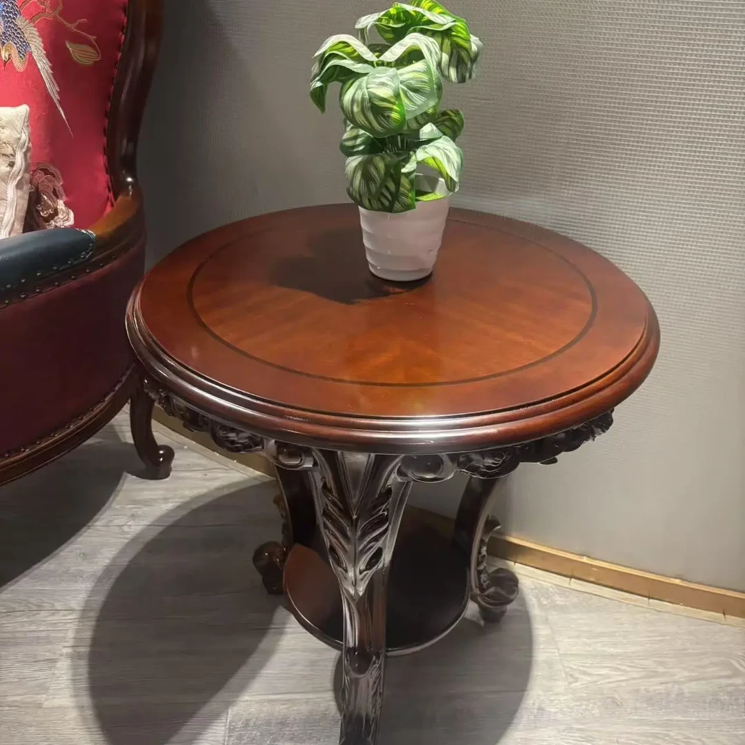 高端美式双层实木圆形茶几客厅沙发边几休闲桌