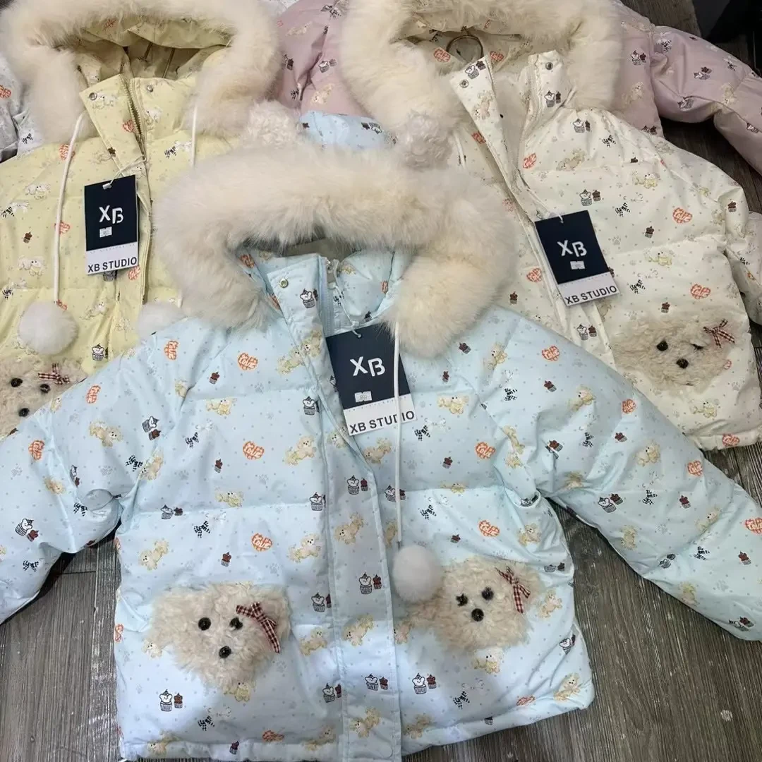 可爱植绒小狗毛领连帽面包服女冬季宽松加厚保暖卡通棉衣外套