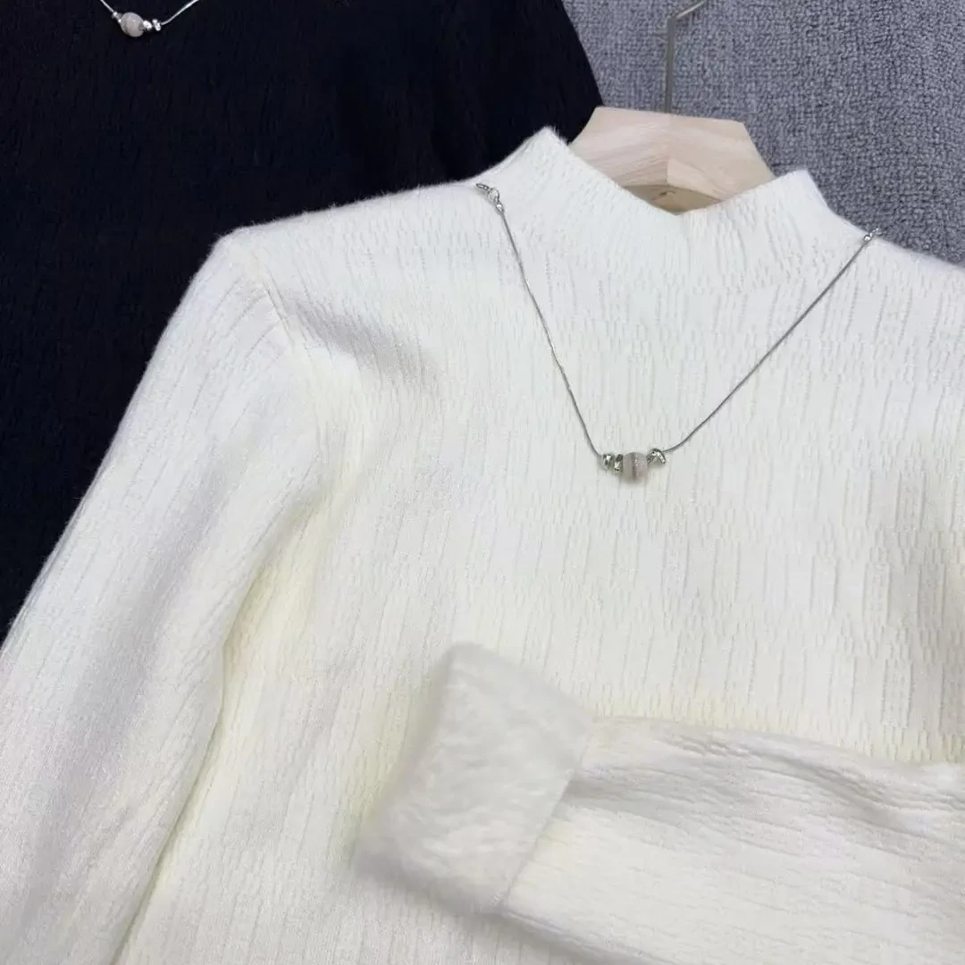 秋冬新款半高领加绒加厚一体绒针织打底衫女洋气内搭