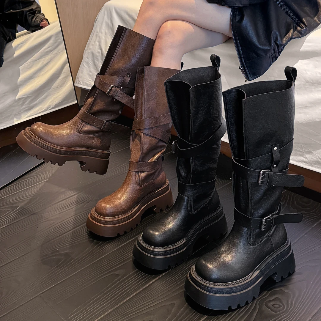 Cql厚底不过膝靴女2025新款秋季胖mm骑士靴复古百搭皮带扣长筒靴