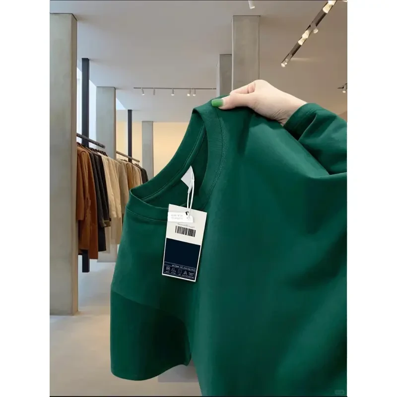 墨绿色320g重磅硬挺T恤男夏季内搭新疆长绒棉短袖小领口美式半袖